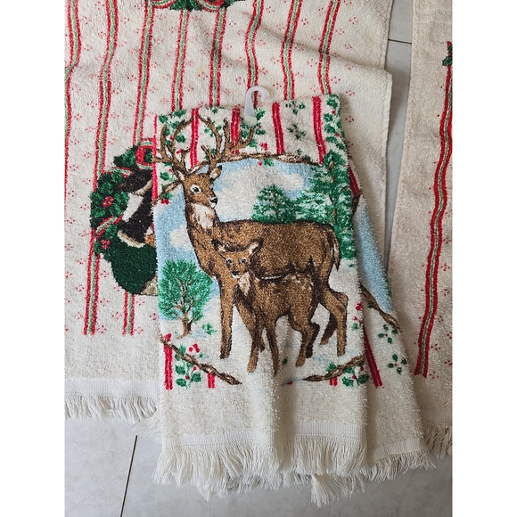 Lot of 3 Vtg MCM Cannon Christmas Duck Deer 100% Cotton USA Fringe Hand Towels - Picture 4 of 6
